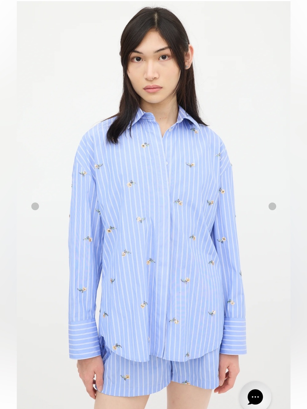 MSGM Blue/White Pinstripe Shirt & Short Set Embroidered Floral Cotton EUC - S